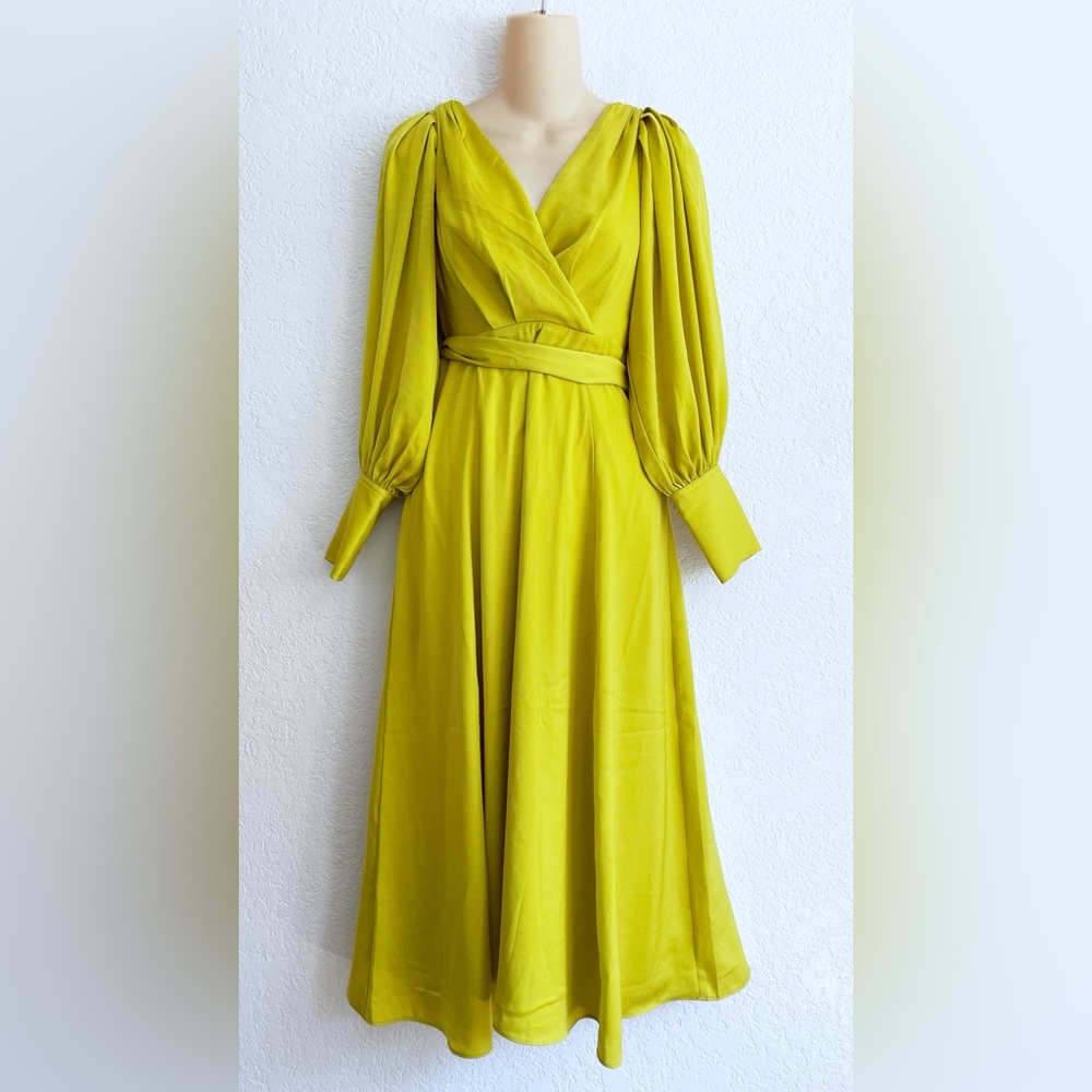 NEW Banana Republic Blouson-Sleeve Citron Green Celestial Maxi Dress 2 Petite - Picture 2 of 9